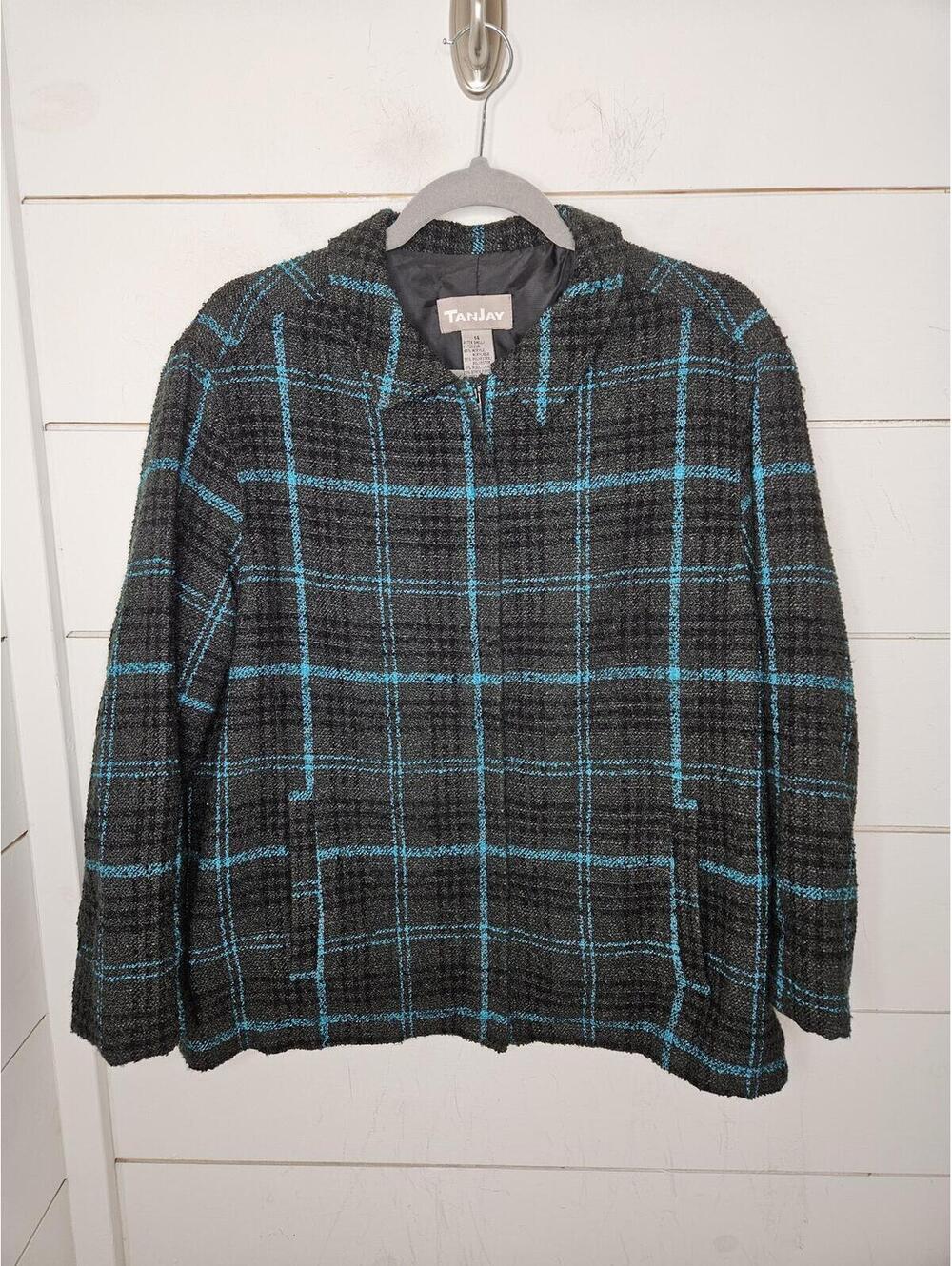 Vintage TanJay size 14 grey/black & blue plaid full zip boucle jacket